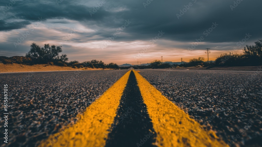 Fototapeta premium A straight desert road with yellow lane markers stretches to the horizon,