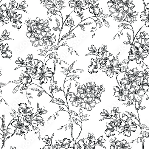 Vintage Toile de Jouy Pattern with Blue Roses and Swallows. Seamless floral and bird illustration