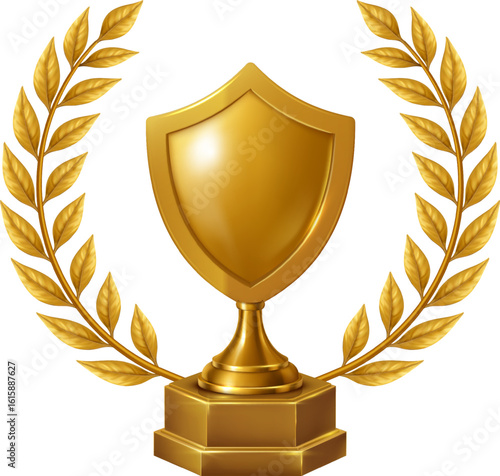 Golden shield trophy with laurel wreath, representing defense, protection, strength, and honorable recognition. 