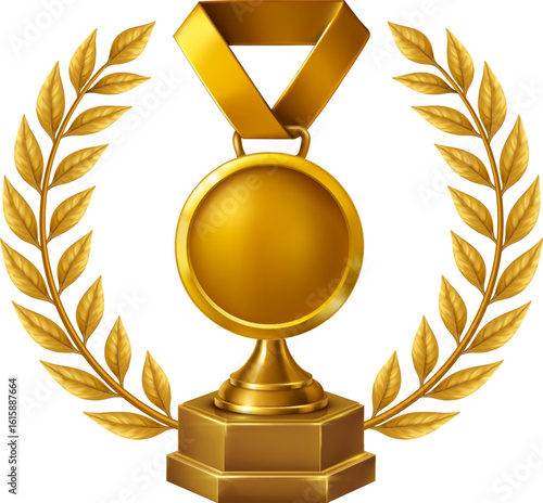 Golden medal trophy with laurel wreath, perfect for champion awards, best performance, and sports achievement.