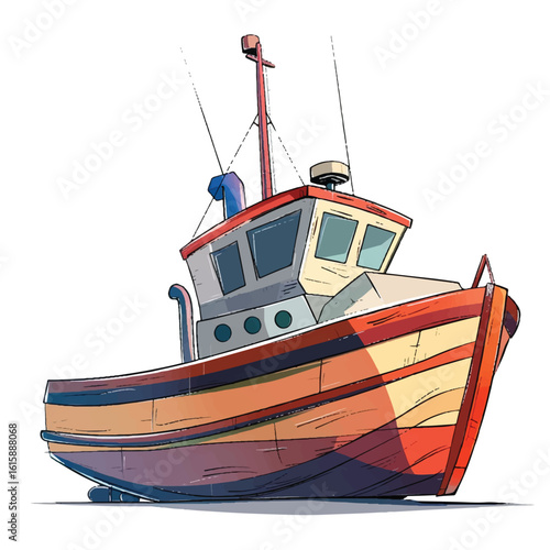 Colorful Cartoon Fishing Boat with Detailed Mast and Antennae