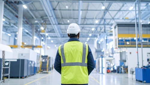 Factory workers wearing safety vests inspect the manufacturing plant to ensure efficient industrial processes