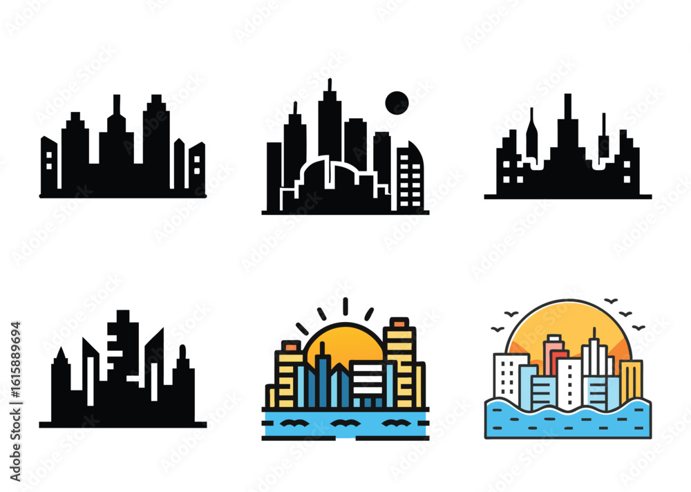 Fototapeta premium Six modern city skyline vectors, in black silhouette and color illustration