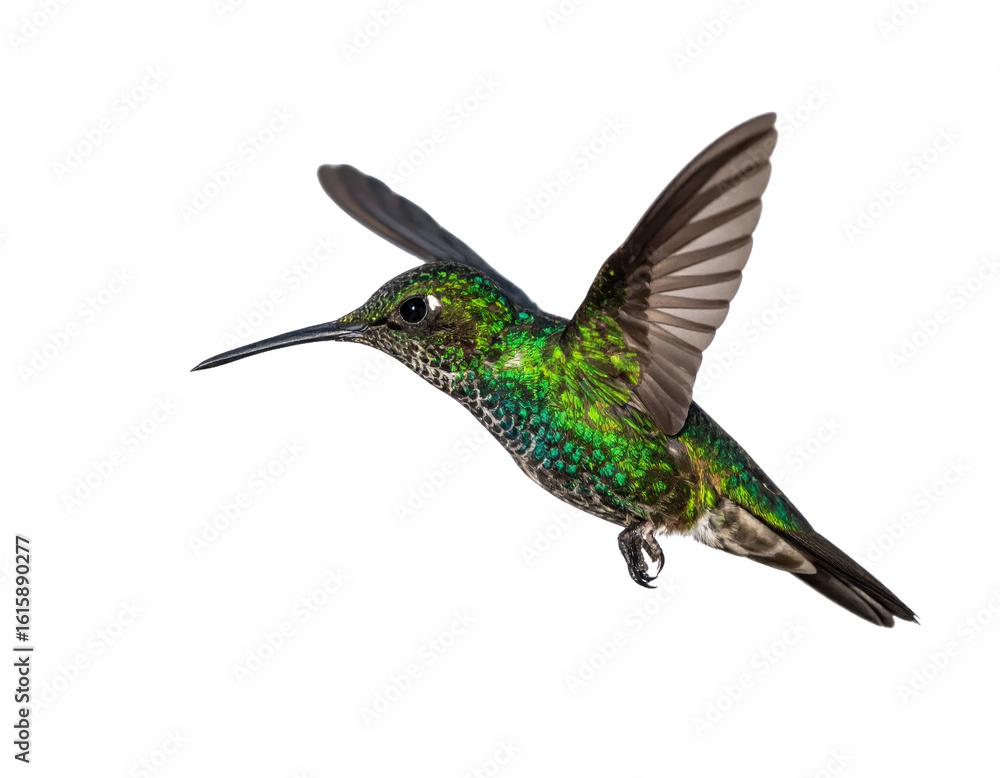 Fototapeta premium Vibrant Hummingbird in Flight with Iridescent Green Feathers