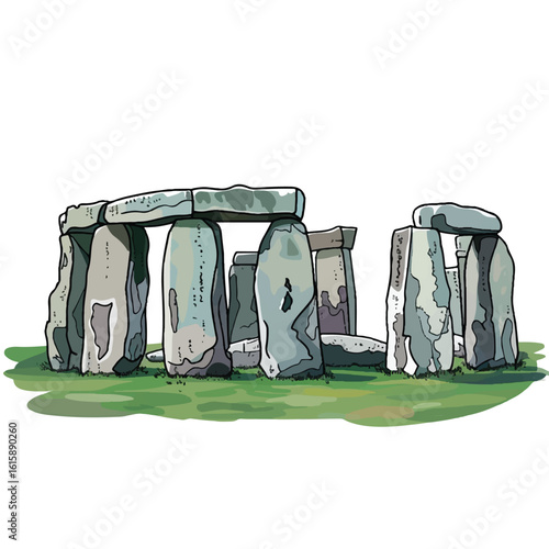 Colorful Cartoon Illustration of Stonehenge on Grassy Plain