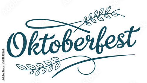 Stylized Oktoberfest Typography: Flowing Teal Script with Connected Characters & Wheat Motif on Clean White Generative AI
