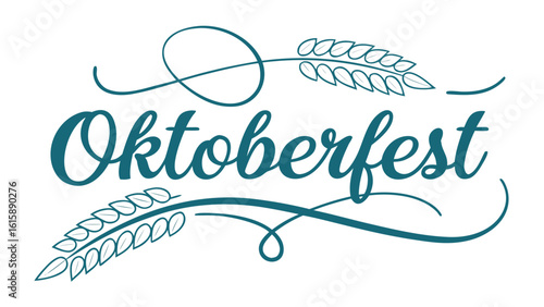 Stylized Oktoberfest Typography: Flowing Teal Script with Connected Characters & Wheat Motif on Clean White Generative AI