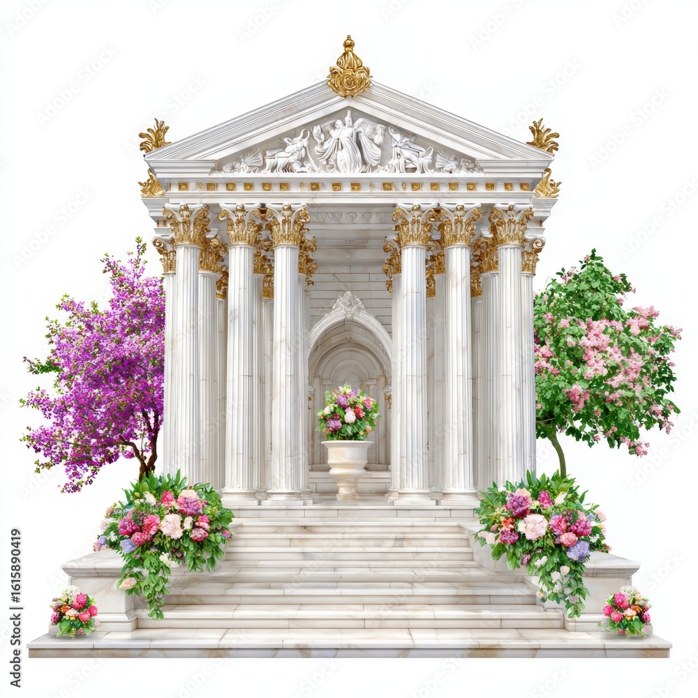 Naklejka premium Elegant Marble Temple with Columns, Floral Decorations, and Blooming Trees on White