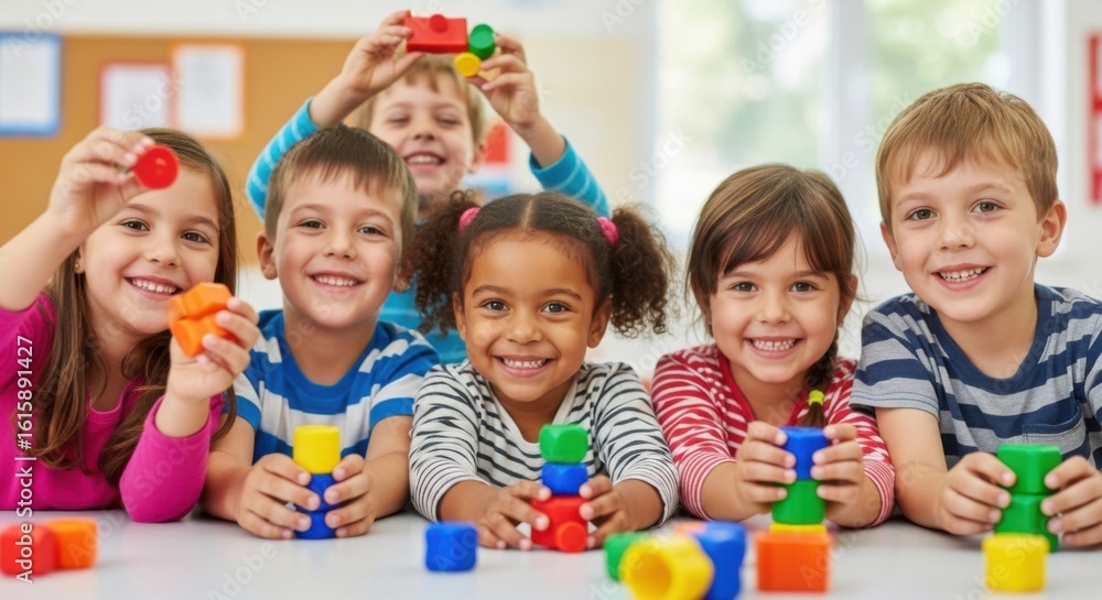 Diverse group of happy children playing together with colorful building blocks Diverse group of happy children playing together with colorful building blocks