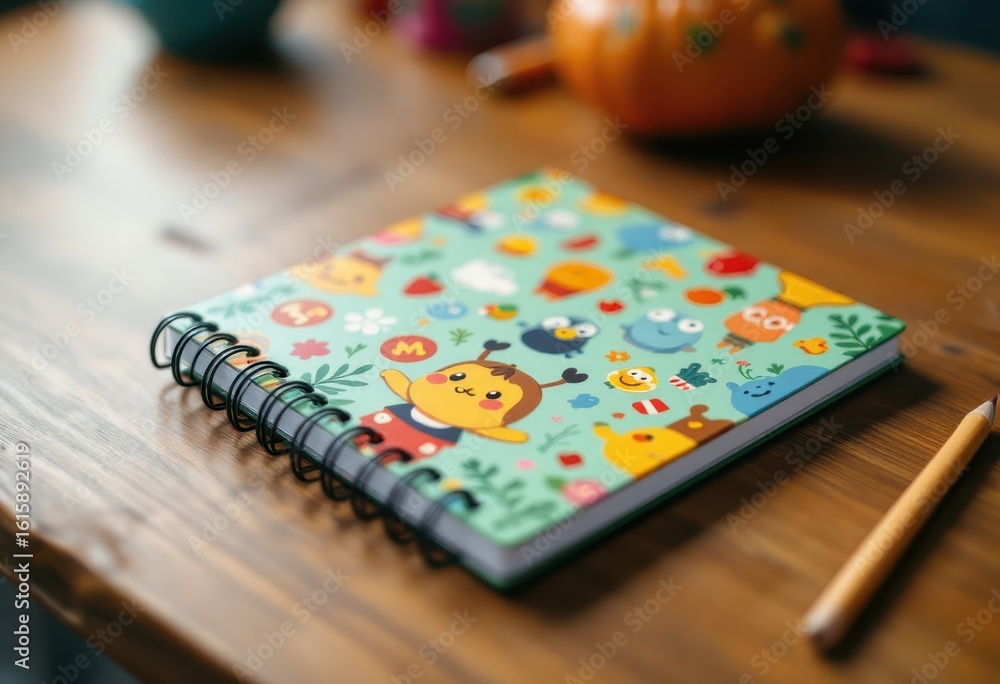 Fototapeta premium Spiral-bound notebook with colorful character designs.