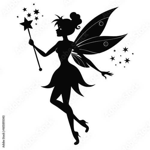 Elegant silhouette illustration of a dancing fairy with wings, holding a magic wand, adorned with floral patterns