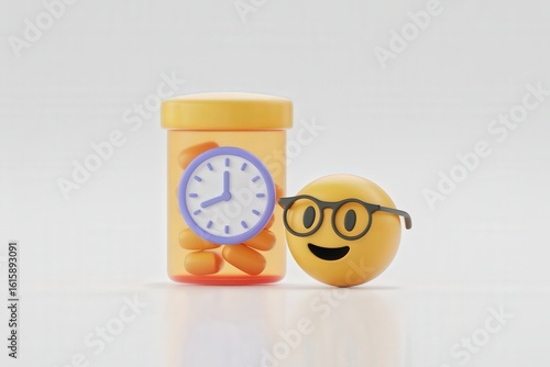3D pill bottle with clock and smiling emoji symbolizing medication adherence reminder