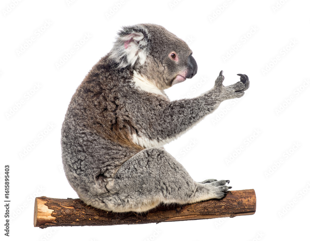 Obraz premium Cute koala sitting on a branch posing with its paw raised in the air