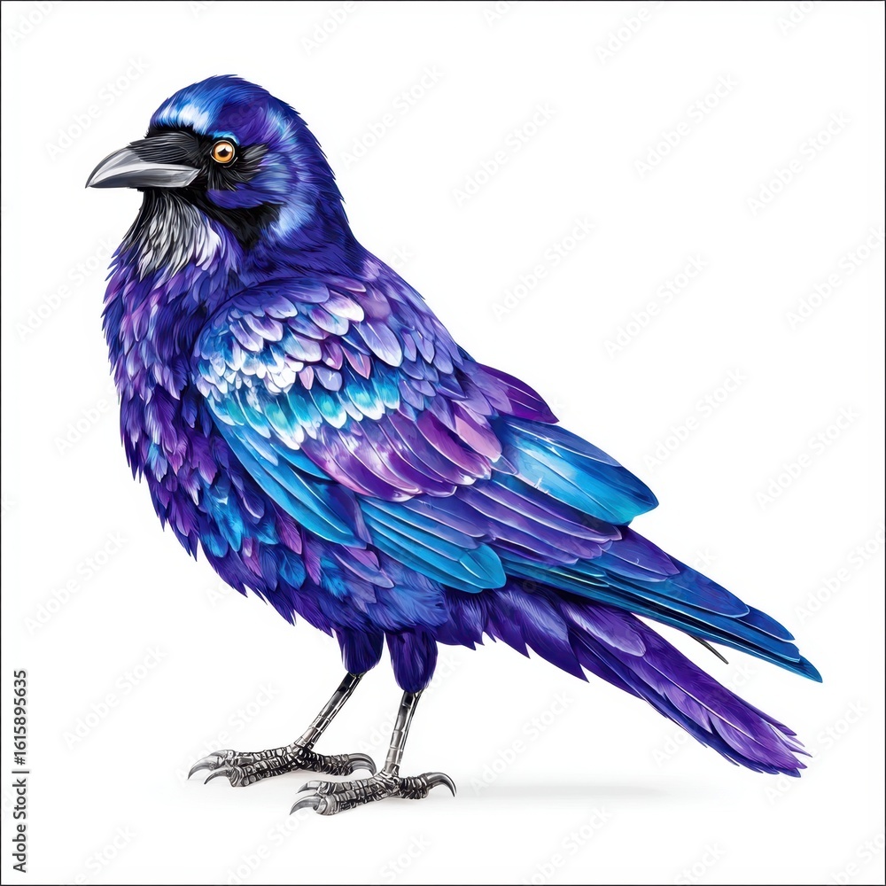 Fototapeta premium Elegant Raven Illustration with Detailed Feathers in Blue and Purple Tones