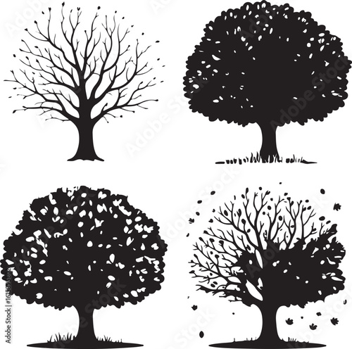 Four stylized trees in black silhouette white nature