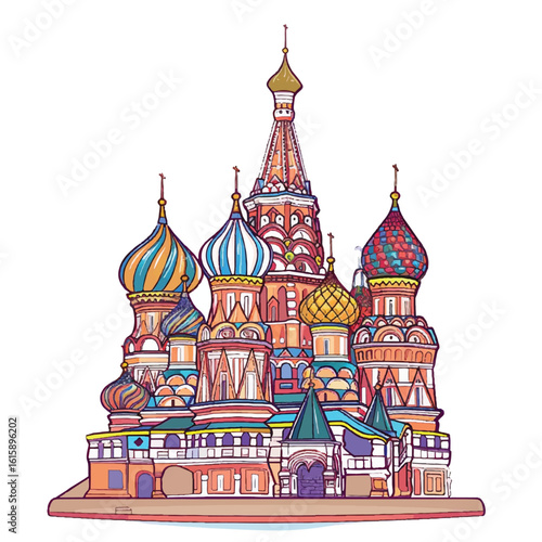 Colorful Illustration of Saint Basils Cathedral with Detailed Domes and Architecture