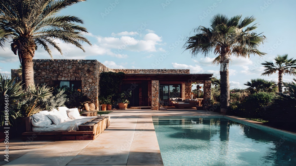 Fototapeta premium Stone house exterior with a pool and patio furniture.