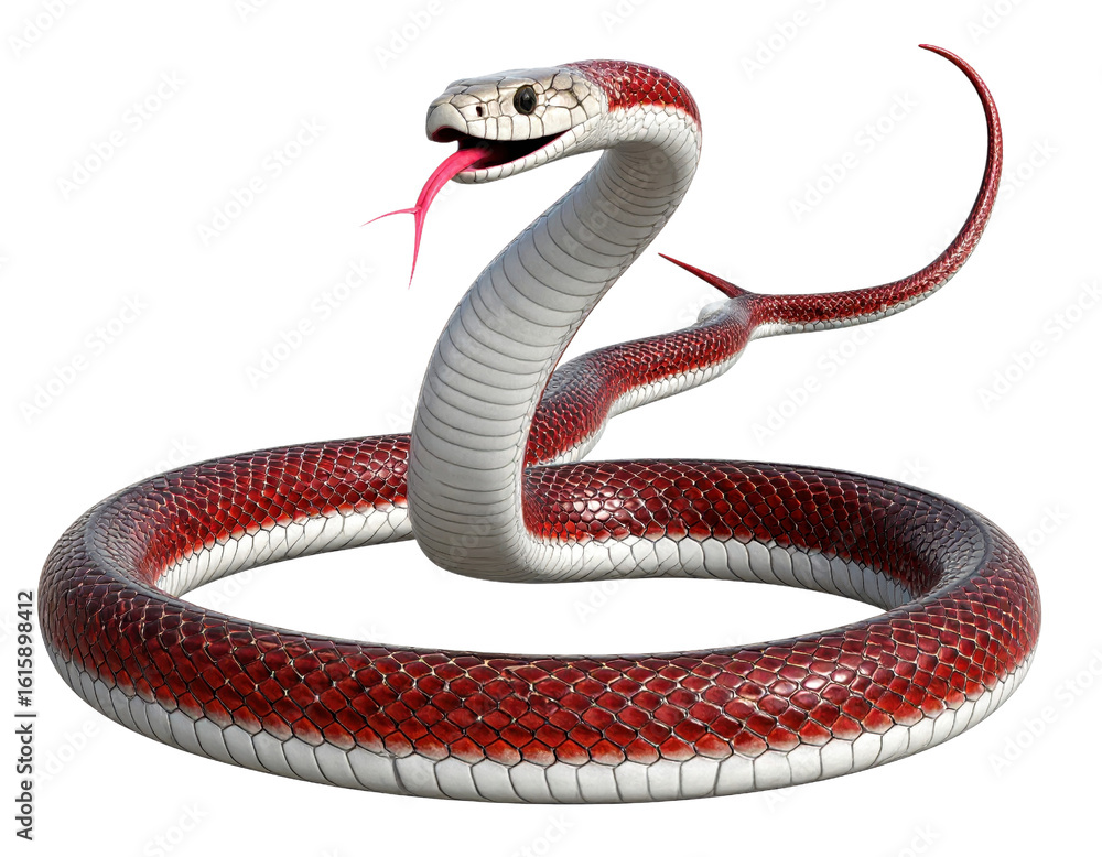 Fototapeta premium Realistic Red and White Snake with Forked Tongue Displaying Aggression