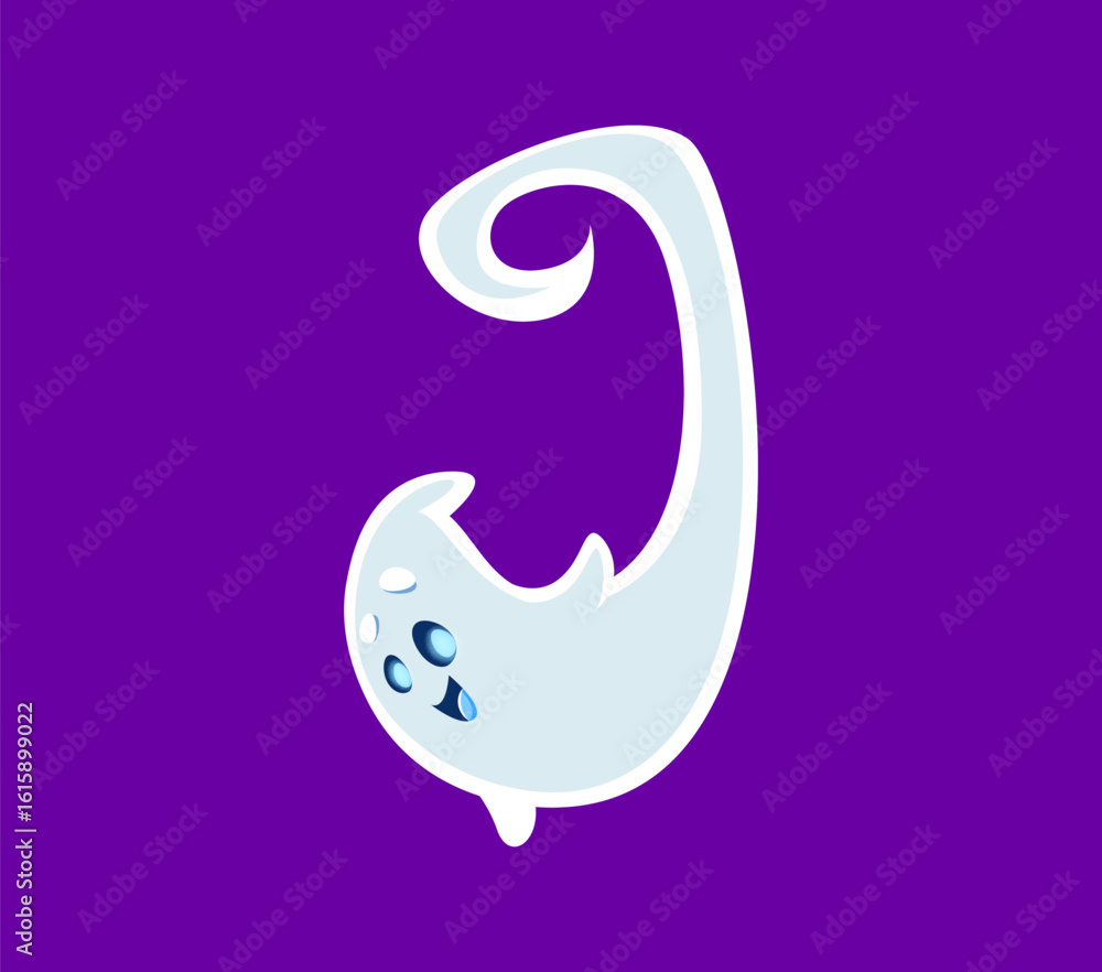 Fototapeta premium Halloween font J letter ghost cartoon funny character. Halloween monster personage English ABC symbol, happy ghost or horror creature character latin alphabet vector letter. Font typeset element