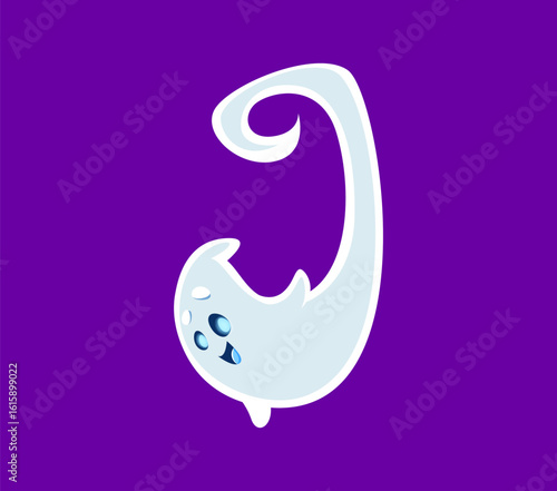 Halloween font J letter ghost cartoon funny character. Halloween monster personage English ABC symbol, happy ghost or horror creature character latin alphabet vector letter. Font typeset element