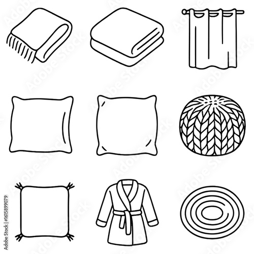 Soft Texture Icons. Line style icons of soft textures and fabrics: plush throw, fleece blanket, linen curtain, cotton pillowcase,