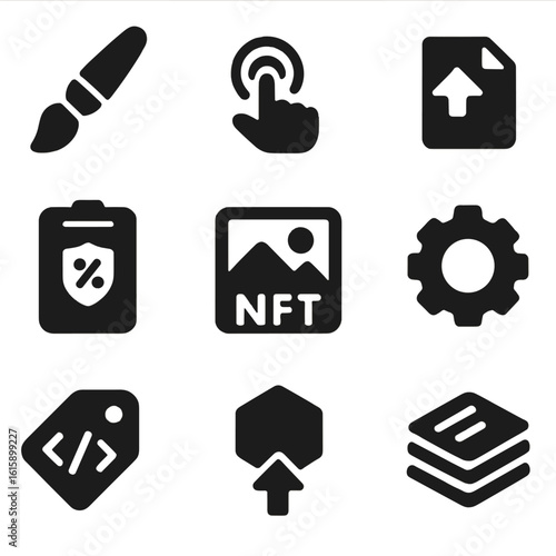 NFT Tools Icons. Solid style icons of NFT creation tools: digital art brush, minting button, upload file icon, royalty setting