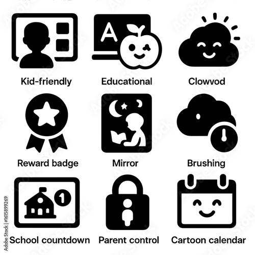 Kid's Smart Mirror Icons. Solid style icons of children’s smart mirror features: kid-friendly layout, educational widget icon,