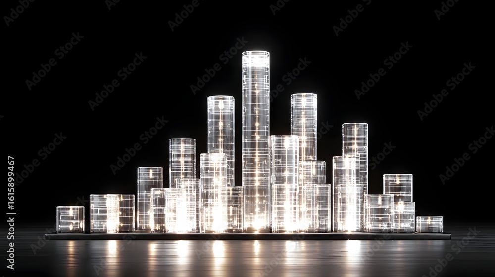 Obraz premium Transparent cylindrical structures arranged in a cityscape design.