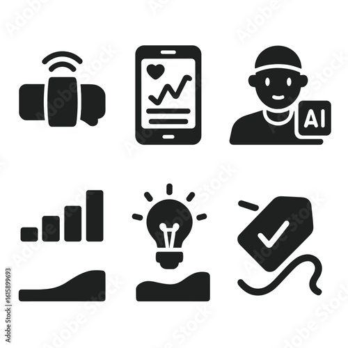 Tech Rehab Progress Icons. Solid style icons of tech-enabled rehab progress: wearable sensor data stream, smart rehab app