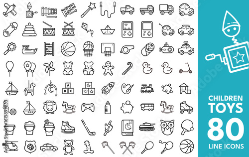 Children Toys-  Editable Icons set. Vector illustration in modern line style of teddy bears, blocks, cars, and more. Isolated on transparent background
