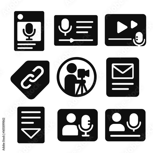 Podcast Promotion Icons. Solid style icons of podcast promotion assets: social media post icon, audio snippet card, promo banner