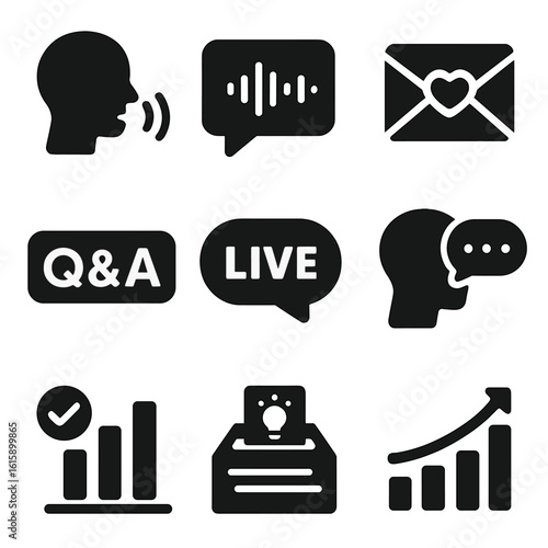 Feedback and Community Icons. Solid style icons of feedback and community: listener voicemail icon, comment bubble with waveform,