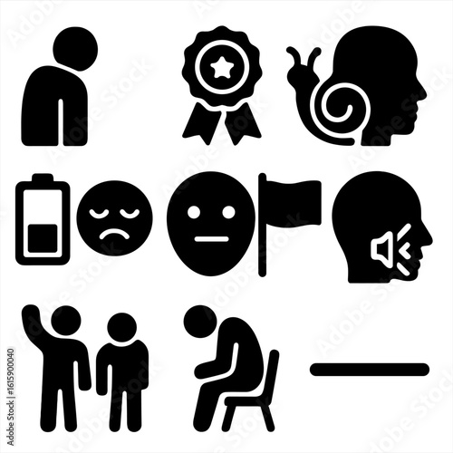 Burnout Behavior Icons. Solid style icons of behavior shifts due to burnout: withdrawal icon, loss of joy badge, reaction delay