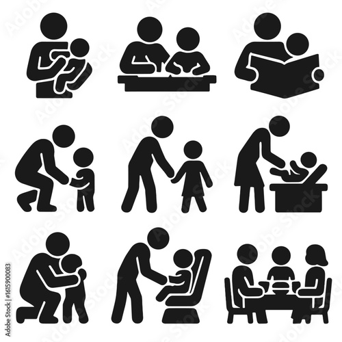 Parental Care Icons. Solid style icons of parental care: feeding baby, helping with homework, bedtime story, parent tying shoes,