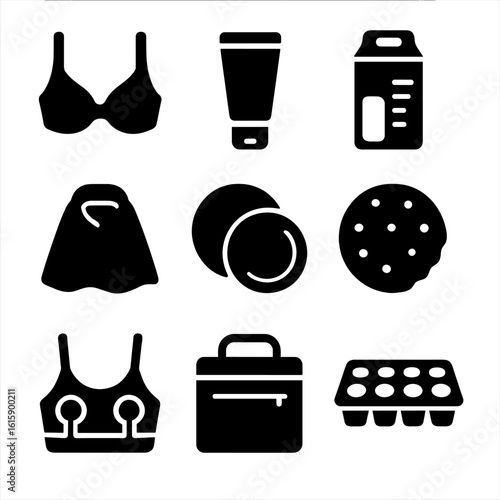 Breastfeeding Accessories Icons. Solid style icons of breastfeeding accessories: nursing bra, nipple cream, breast milk bag,