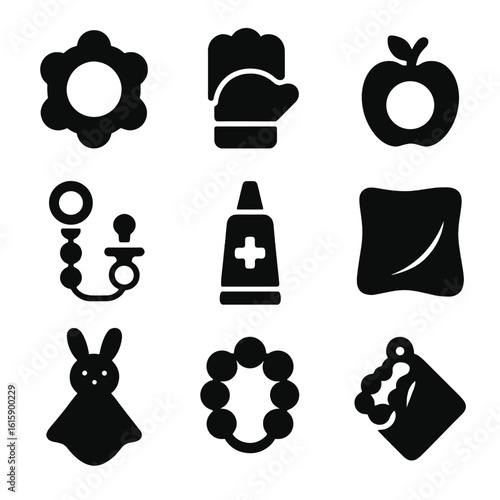 Teething Essentials Icons. Solid style icons of teething and soothing items: teething ring, teether mitt, cold teether, pacifier