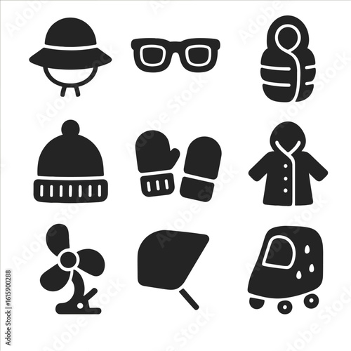 Seasonal Baby Gear Icons. Solid style icons of seasonal baby gear: sun hat, baby sunglasses, winter bunting, warm hat, baby