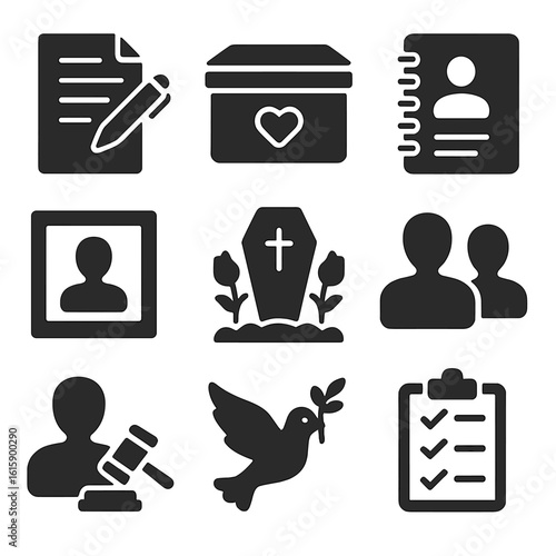 Legacy Planning Icons. Solid style icons of end-of-life and legacy planning: will document, legacy box, life story journal, memory