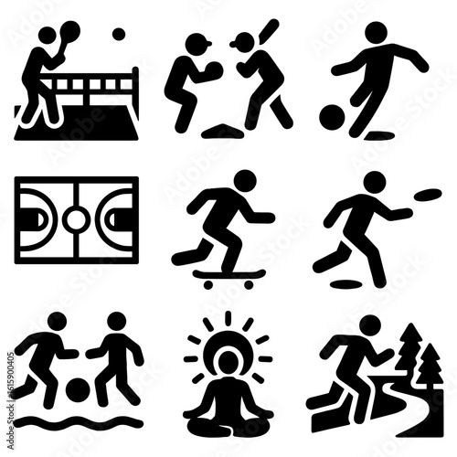 Summer Sports Icons. Solid style icons of summer sports: tennis match, baseball game, soccer kick, basketball court, skateboarding
