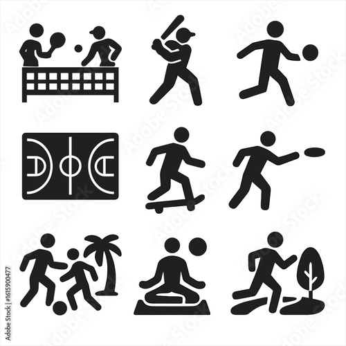 Summer Sports Icons. Solid style icons of summer sports: tennis match, baseball game, soccer kick, basketball court, skateboarding