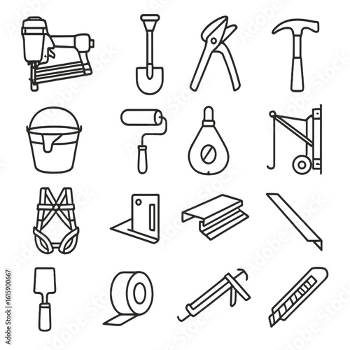 Roofing Tool Icons. Line style icons of roofing tools: roofing nailer, roofing shovel, slate cutter, roofing hammer, tar bucket,