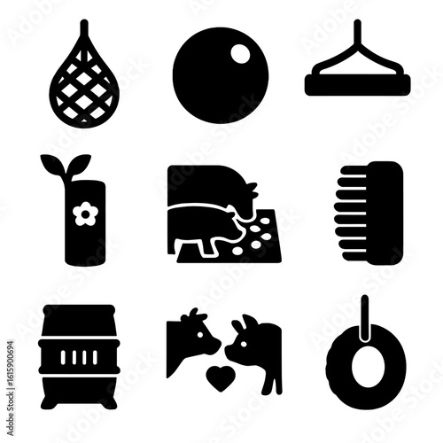 Farm Animal Enrichment Icons. Solid style icons of farm animal enrichment: hay net, pasture toy ball, swing bar, scent enrichment