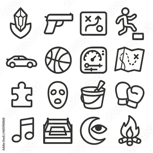 Video Game Icons. Line style icons of video game genres: RPG icon, shooter gun, strategy board, platformer jump, racing car,