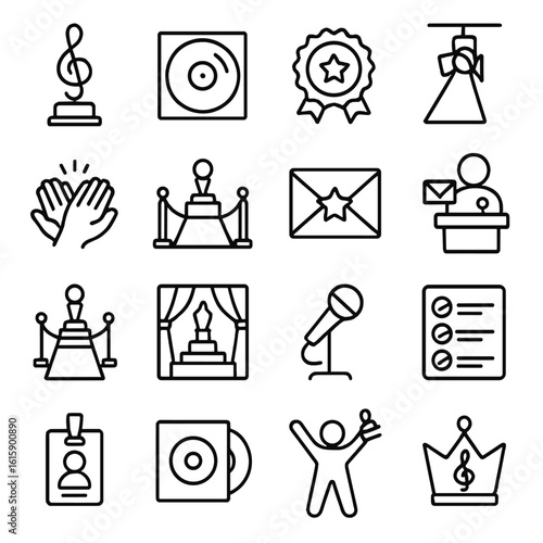Music Awards Icons. Line style icons of music awards: music trophy, golden record, award badge, stage spotlight, applause icon,
