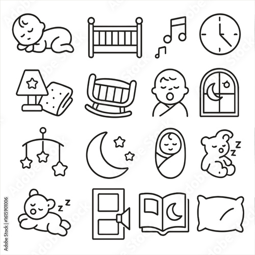 Sleep Icons Collection. Line style icons of sleep and rest: baby sleeping, crib icon, lullaby notes, sleep timer, nightlight, baby
