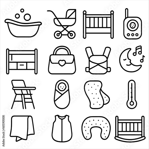 Baby Care Icons. Line style icons of baby care: baby bath, stroller, baby crib, baby monitor, changing table, diaper bag, baby