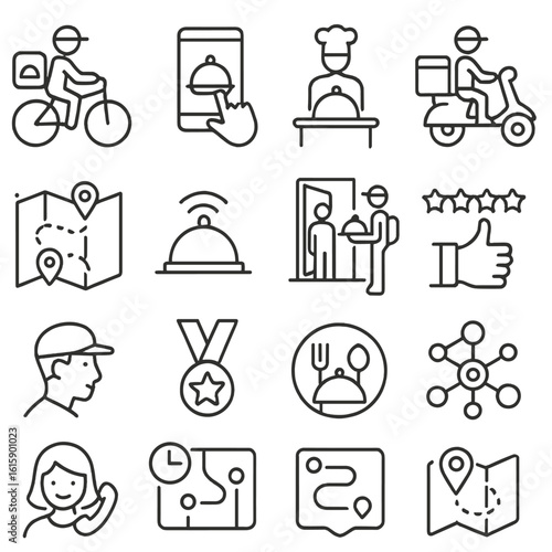 Food Delivery Icons. Line style icons of food delivery services: food courier, app order, restaurant prep, dispatch icon, route