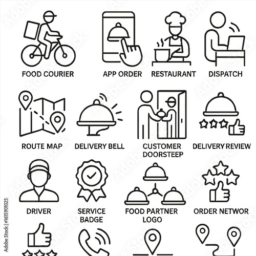 Food Delivery Icons. Line style icons of food delivery services: food courier, app order, restaurant prep, dispatch icon, route