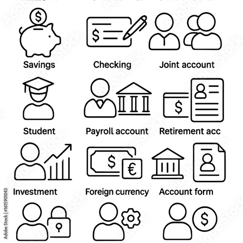 Account Type Icons. Line style icons of account types: savings icon, checking account, fixed deposit, joint account, student