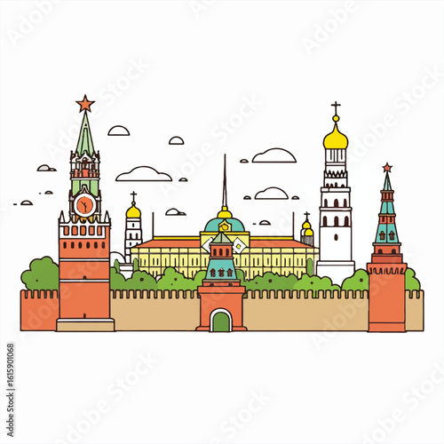 Colorful Outline of Moscow Kremlin and Red Square Landmarks